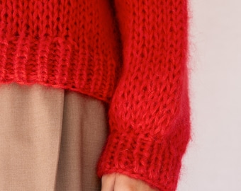 Relaxed Mohair Sweater in Lava, Hand Knit Pullover, Chunky