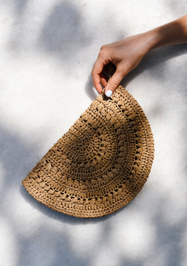 Crochet Raffia Clutch, Half Moon Clutch, Straw Wristlet Purse, Minimal Boho Clutch, Raffia Handbag, Summer Bag Raffia Moon Clutch in Rust image 8