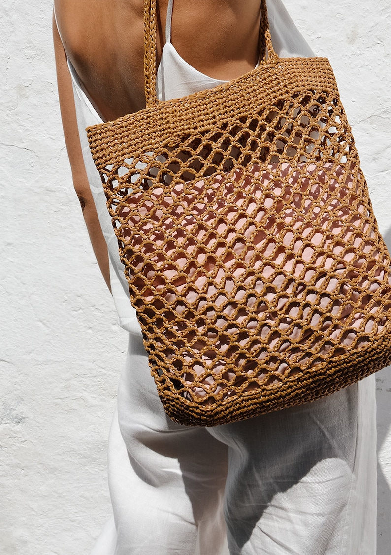 Raffia Net Bag in Tan, Crochet Raffia Tote, Summer Tote Bag, Straw Mesh Bag, Handcrafted Tote, Net Shoulder Bag The Raffia Net Bag image 3