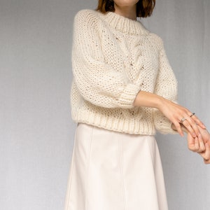 Chunky Braid Sweater Hand Knit Mohair Cropped Pullover, Luxurious Oversized Cable Knit Sweater, Mockneck & Bubble Sleeves, Boxy Fit Raglan 03. Cloud