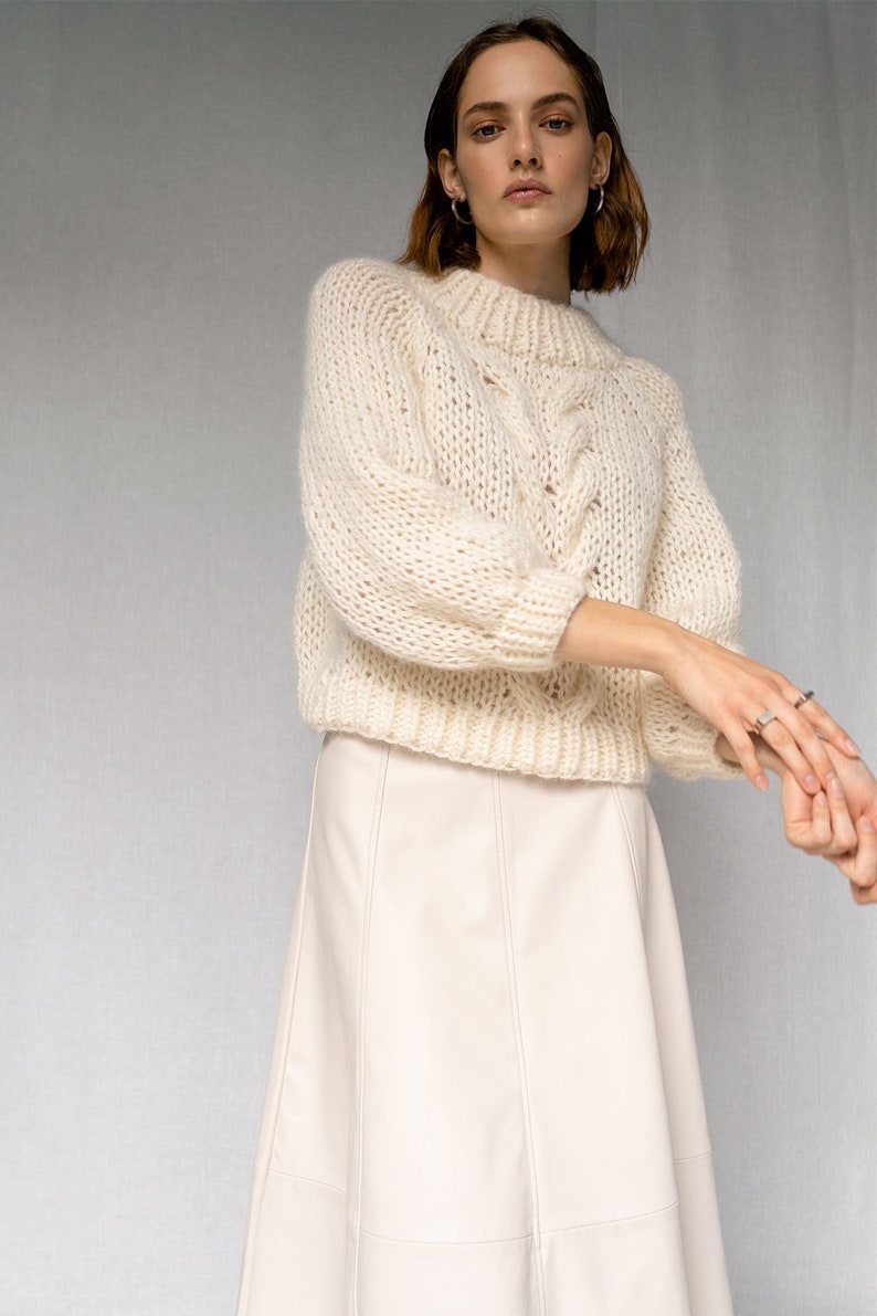 Chunky Braid Sweater Hand Knit Mohair Cropped Pullover, Luxurious Oversized Cable Knit Sweater, Mockneck & Bubble Sleeves, Boxy Fit Raglan 03. Cloud