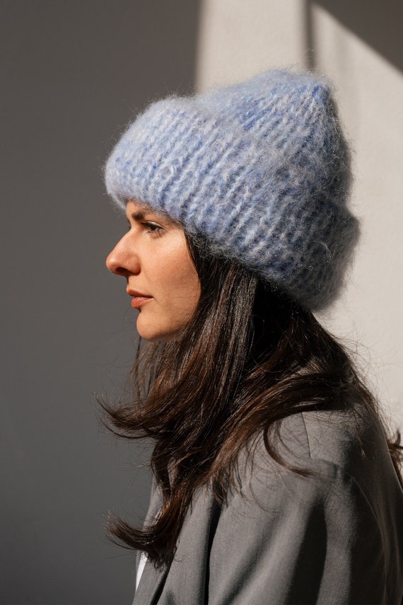 Chunky Mohair Beanie Womens Winter Knit Hat Pastel Blue Knit 
