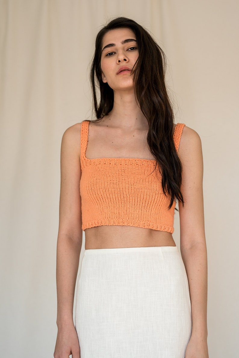 Square Neck Crop Top, Minimal Knit Top, Cropped Yoga Top, Hand Knit, Square Neckline,Sports Knit Bra, Fitted Cotton Bralette in Terra Cotta image 5