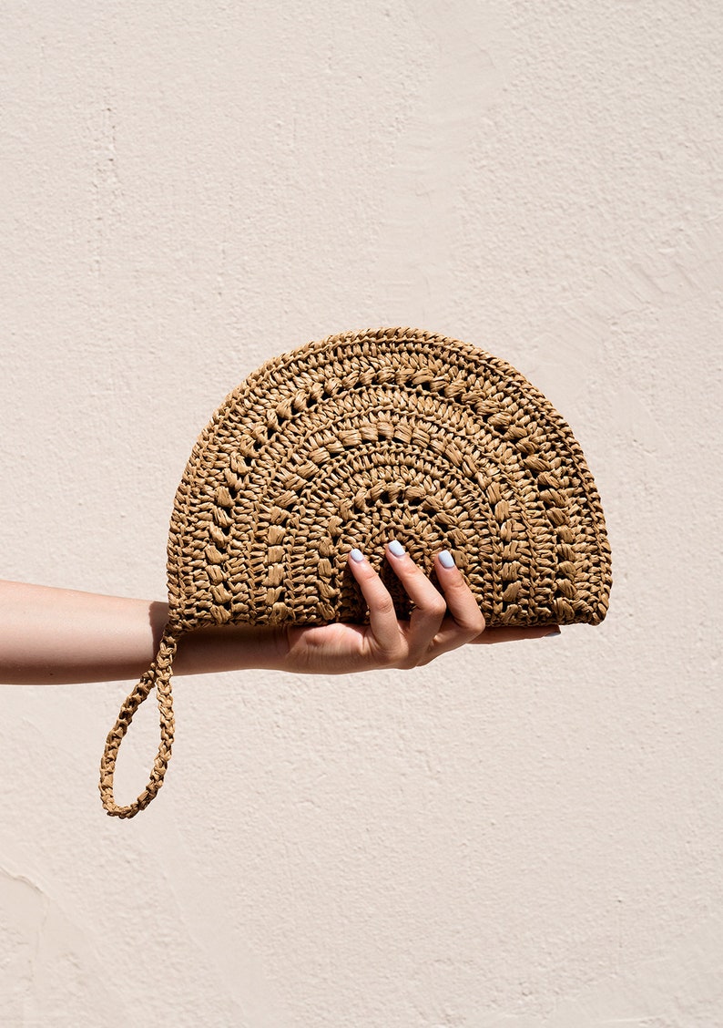 Crochet Raffia Clutch Half Moon Clutch Straw Wristlet Purse Etsy
