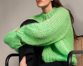 Pull en mohair décontracté néon, pull vert vif en tricot main, pull en mohair épais, pull en maille oversize en kid mohair, coupe ample