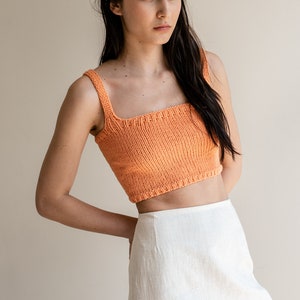 Square Neck Crop Top, Minimal Knit Top, Knit Bralette Top, Cropped Yoga Top, Hand Knit, Square Neckline, Sports Knit Bra, Fitted Cotton Top 04. Peach Sorbet