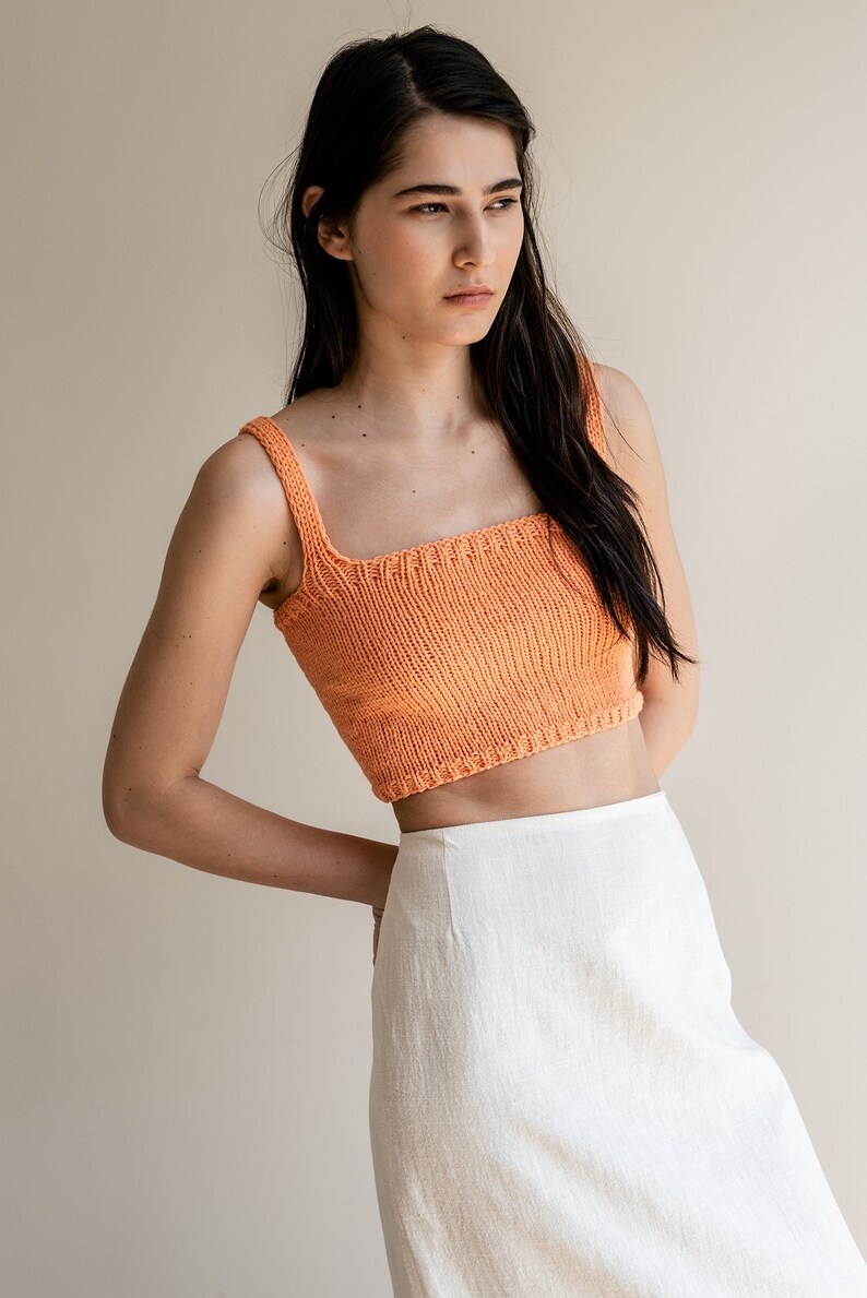 Square Neck Crop Top, Minimal Knit Top, Knit Bralette Top, Cropped Yoga Top, Hand Knit, Square Neckline, Sports Knit Bra, Fitted Cotton Top 04. Peach Sorbet