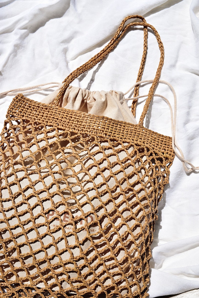 Raffia-Netztasche in Tan, gehäkelte Raffia-Tasche, Sommer-Tasche, Stroh-Netztasche, handgefertigte Tasche, Netz-Schultertasche Bild 5