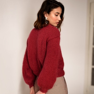 Chunky Mohair Sweater, Hand Knit Pullover, Oversized Knit Sweater in Kid Mohair, Mockneck & Bubble Sleeves, Loose Fit, Womens Knitted Blouse image 2