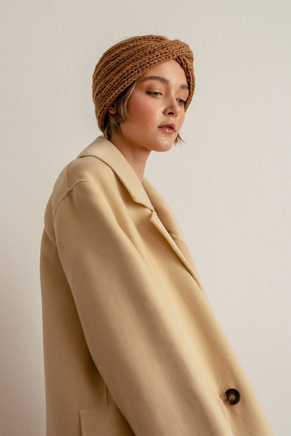 Hand Knit Chunky Rib Turban: Caramel Wool Blend Headband
