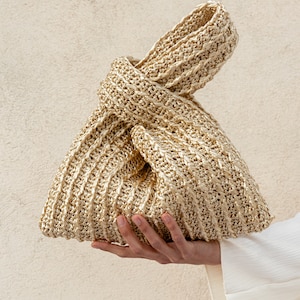 Raffia Knot Bag in Tan, Crochet Raffia Handbag, Summer Wrist Bag, Minimal Straw Bag, Handcrafted Pouch Purse The Raffia Knot Bag image 7