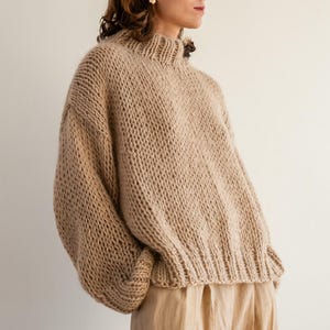 Boxy Mohair Sweater in Honey, Hand Knit Pullover, Chunky Mohair Jumper, Oversized Knitted Sweater in Kid Mohair, Beige Turtleneck, Loose Fit