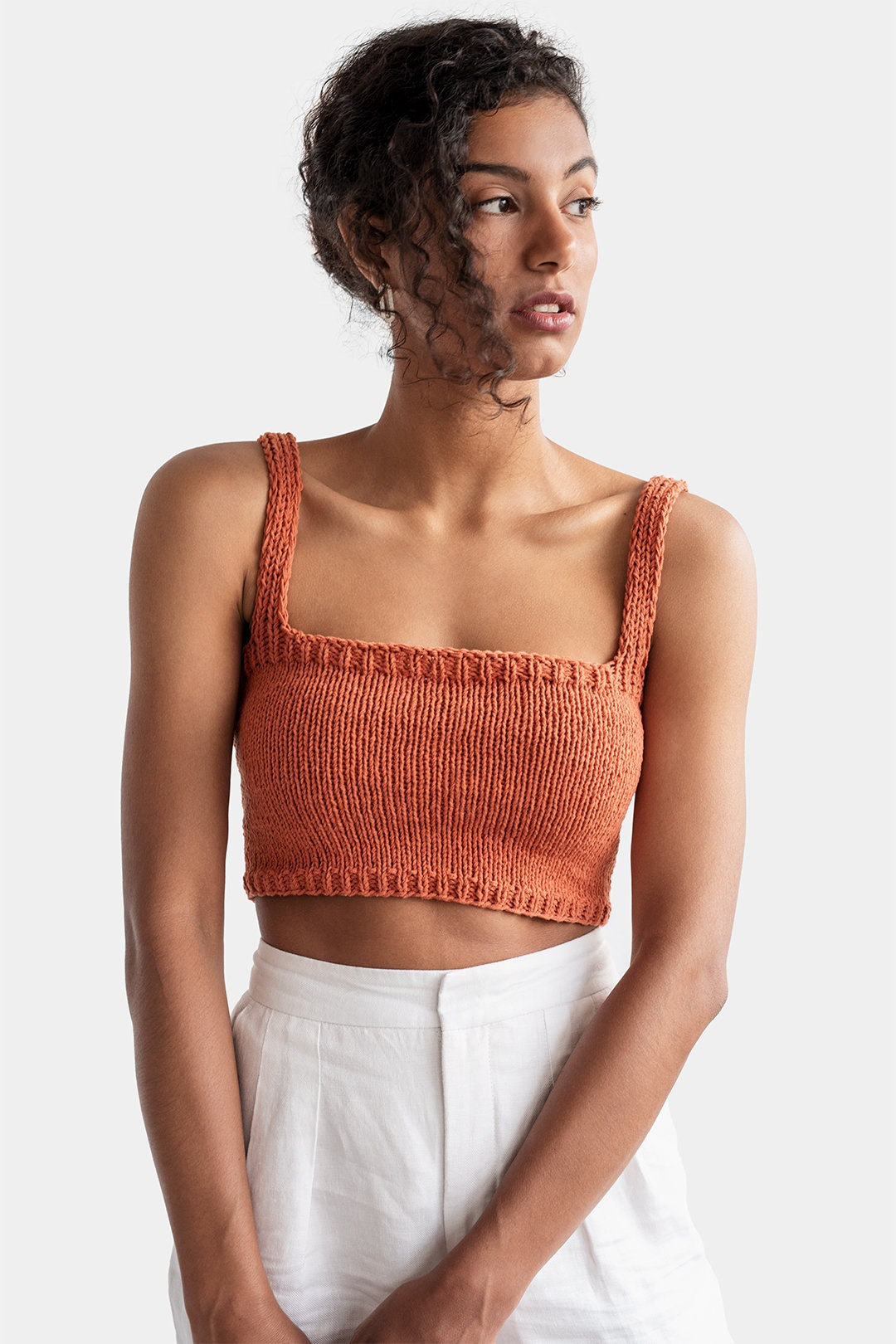 Square Neck Crop Top, Minimal Knit Top, Cropped Yoga Top, Hand