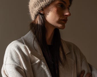 チャンキーモヘアビーニー、レディース冬用ニット帽、パステルブルー