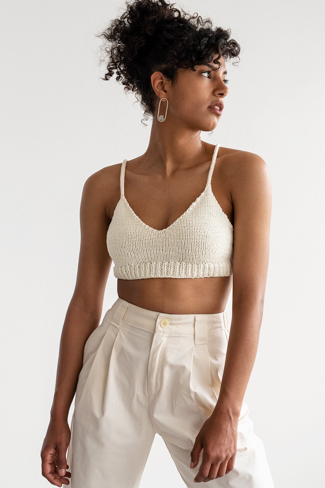 Hand Knit Bralette in Vanilla Scoop, Cotton Knit Bra, Fitted Yoga Top,  Minimal V Neck Crop Top, Soft Comfortable Bra, Cropped Womens Tops 