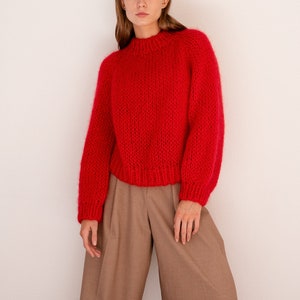Relaxed Mohair Sweater in Lava, Hand Knit Pullover, Chunky Mohair Jumper, Oversized Knitted Sweater in Kid Mohair, Red Mockneck, Loose Fit zdjęcie 4