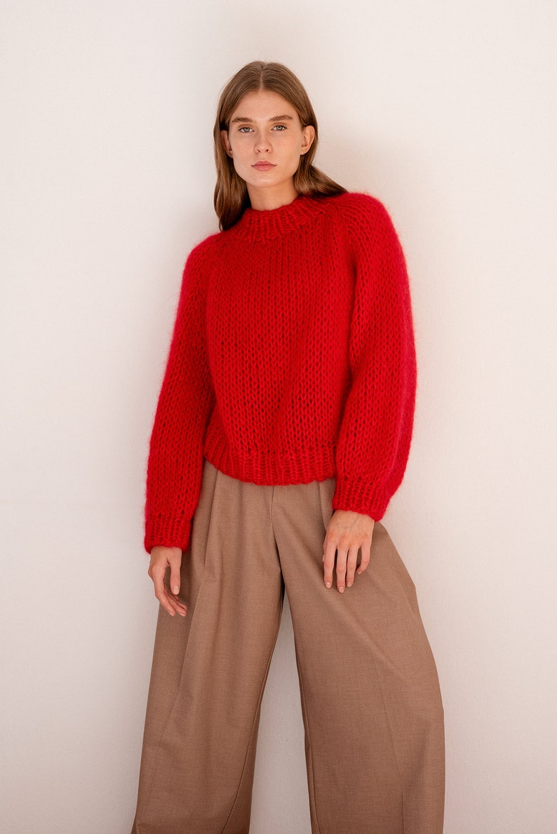 Relaxed Mohair Sweater in Lava, Hand Knit Pullover, Chunky Mohair Jumper, Oversized Knitted Sweater in Kid Mohair, Red Mockneck, Loose Fit image 4