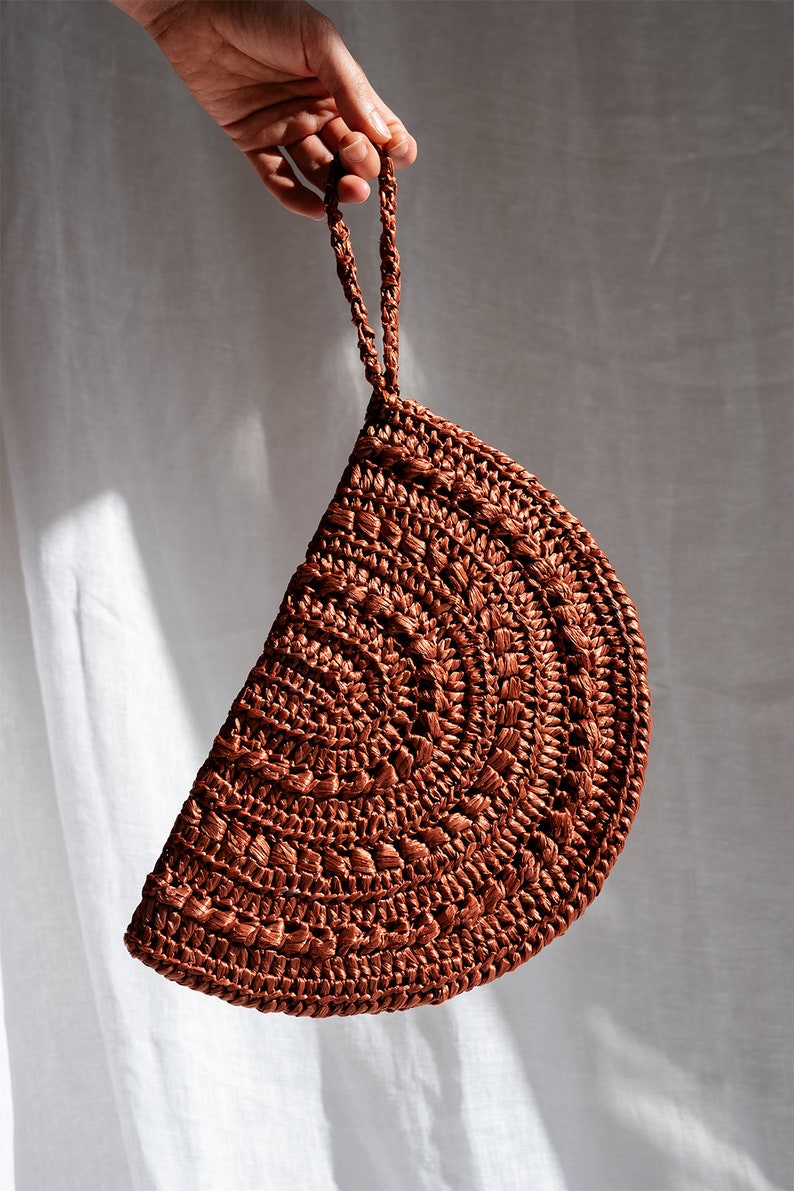 Crochet Raffia Clutch, Half Moon Clutch, Straw Wristlet Purse, Minimal Boho Clutch, Raffia Handbag, Summer Bag Raffia Moon Clutch in Rust image 3