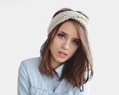 Hand Knit Headband in Ecru, Chunky Wool Headband, Yoga Knit Hairband, Boho Cream Turban, Women Ear Warmer, Twisted Headband