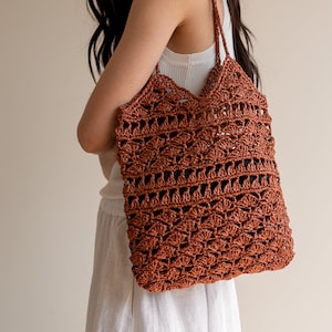 Crochet Raffia Tote Bag in Rust, Summer Tote Bag, Straw Mesh Bag, Handcrafted Tote, Crochet Handbag — Anemone Tote