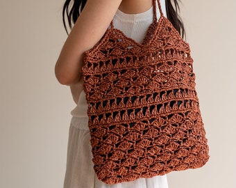 Gehäkelte Raffia-Einkaufstasche in Rost, Sommer-Einkaufstasche, Stroh-Netztasche, handgefertigte Tasche, gehäkelte Handtasche — Anemone-Tasche