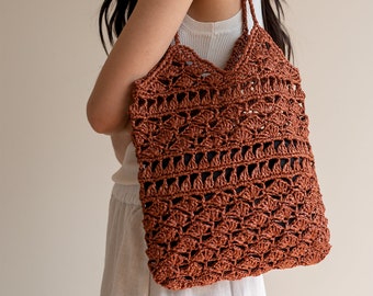 Crochet Raffia Tote Bag in Rust, Summer Tote Bag, Straw Mesh Bag, Handcrafted Tote, Crochet Handbag — Anemone Tote