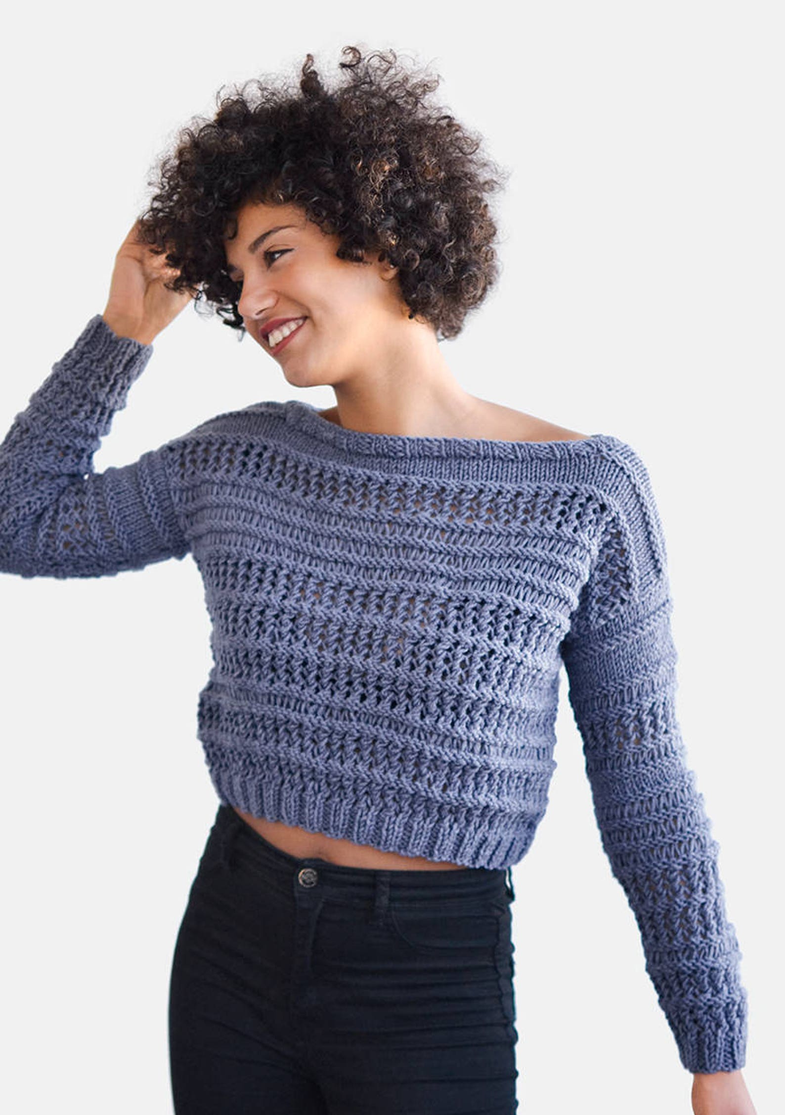 Hand Knit Sweater in Dark Denim Open Stitch Pullover Crop Etsy