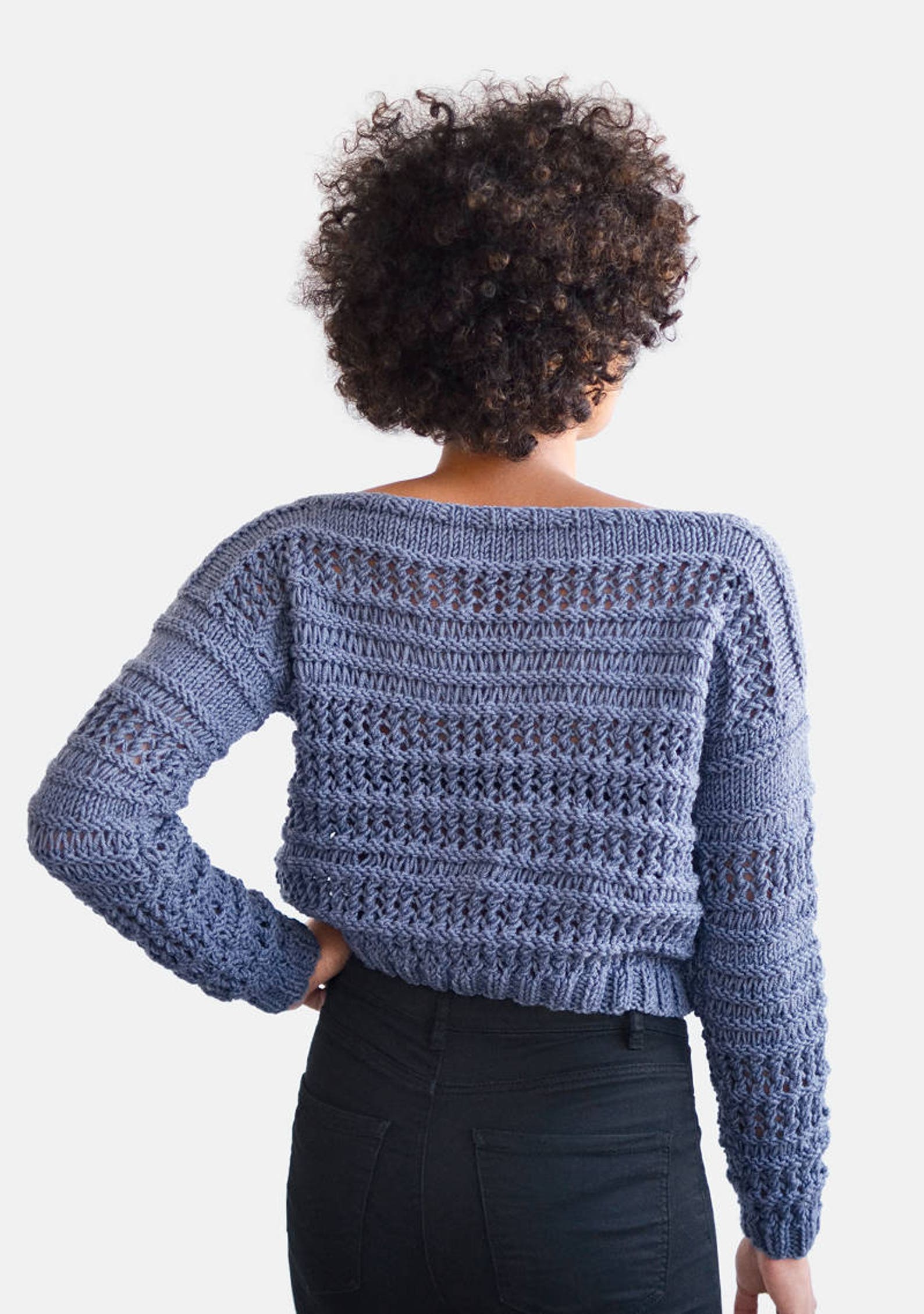 Hand Knit Sweater in Dark Denim Open Stitch Pullover Crop Etsy