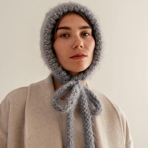 Chunky Mohair Bonnet, Adult Womens Knit Bonnet, Bow Tie Bonnet with Ribbons, Fluffy Mohair Hood, Soft Knit — The Brushed Mohair Bonnet