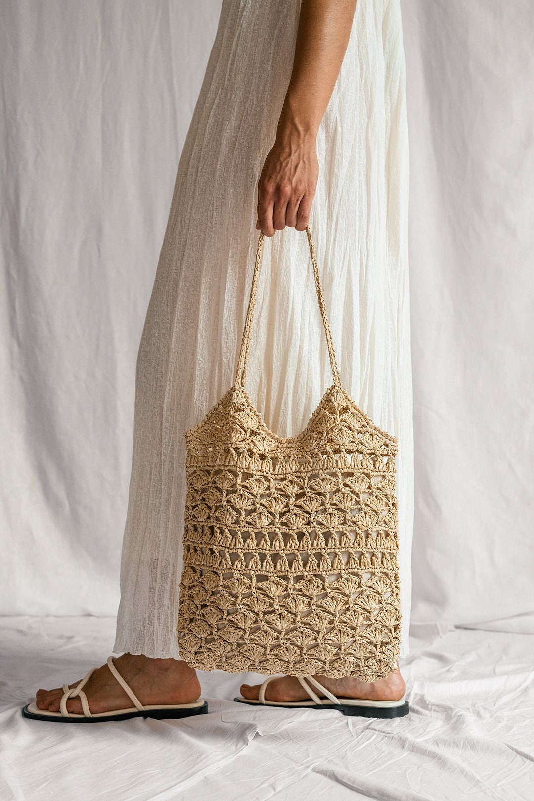 Crochet Raffia Tote Bag in Natural, Summer Tote Bag, Straw Mesh Bag ...