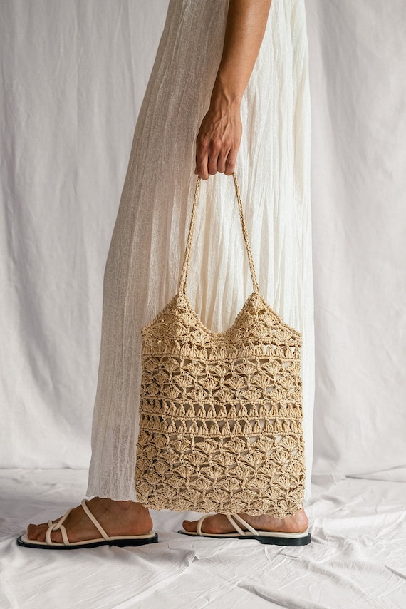 Crochet Raffia Tote in Natural, Summer Tote Bag, Straw Mesh Bag