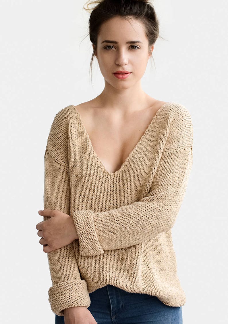 Deep V-Neck Sweater Oversized Pullover Hand Knit Open Back | Etsy