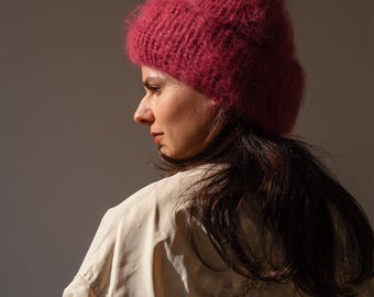 チャンキーモヘアビーニー、レディース冬用ニット帽、オフホワイト