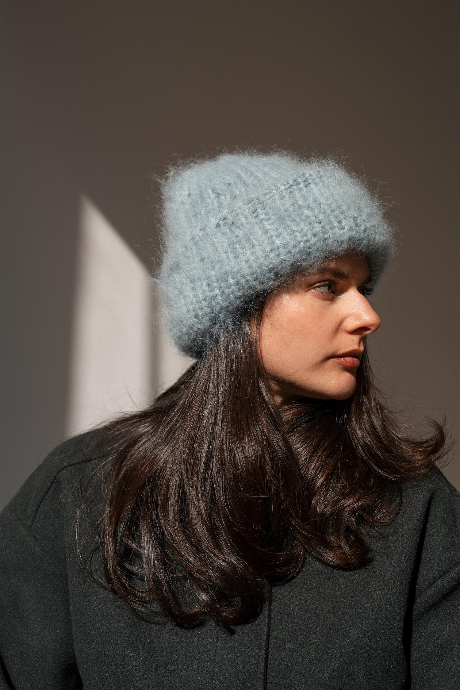 Chunky Mohair Beanie, Womens Winter Knit Hat, Pastel Blue Knit Hat
