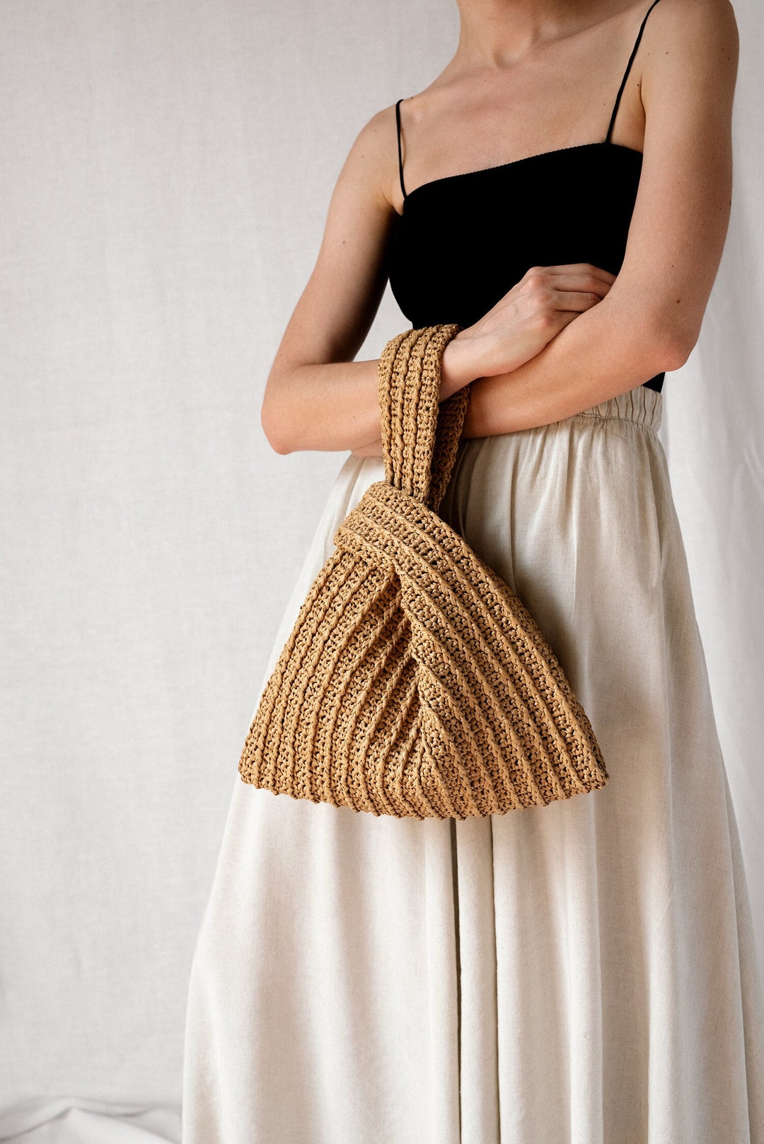 Plexida Crochet Raffia Clutch in Tan, Straw Summer Bag, Raffia