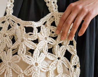 Blumen häkeln Raffia Einkaufstasche in Muschel, Sommer Einkaufstasche, Stroh Mesh Tasche, handgefertigte Tasche, gehäkelte Handtasche - Jasmine Raffia Tote