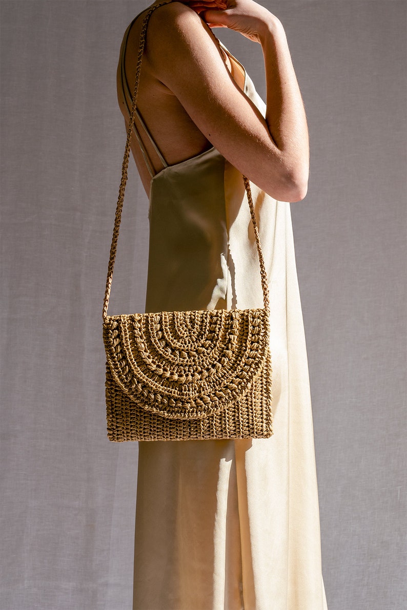 Crochet Raffia Clutch in Tan Straw Summer Bag Raffia Clutch Etsy