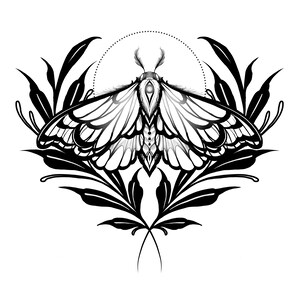 May include: Black and white line art illustration of a moth with intricate details, surrounded by stylised leaves. The moth has a large, prominent eye.