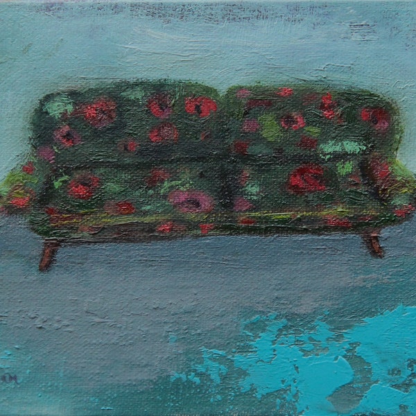 It's All About the Sofa, original 6x4 inch oil painting on linen panel