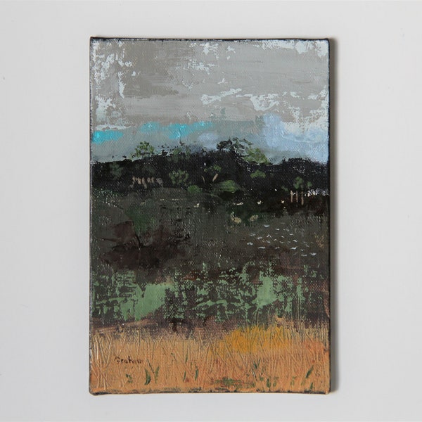 How the River Feels on a Cloudy Day, original small oil painting on linen canvas panel 4x6 inch by artist Lisa Graham