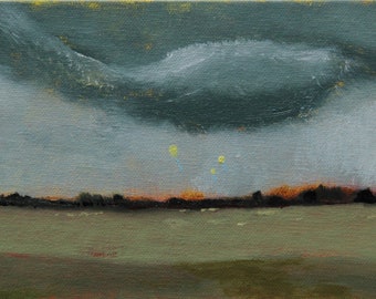 Trois ballons jaunes avec des nuages, huile sur panneau de lin, 6 x 4 pouces
