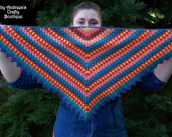 Crochet Cotton Rainbow Triangle Scarf, Crochet Fall Winter Shawlette, Cotton Multicoloured Shawl, Rainbow Neckwarmer, Crochet Boho Shawlette