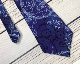 Clockwork tie, Gear necktie, Steampunk tie, blue tie, clock gears, machinery cogs, clockwork diagram, steampunk accessory