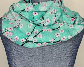 Cherry Blossom Branch scarf, Sakura infinity scarf, mint and pink blossom, chiffon scarf, pink sakura blossom, cherry blossom gift