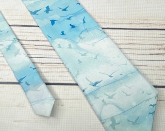 SeaGull necktie, ocean bird tie, watercolor sky, seaside tie, birds in flight, seagull accessory, bird gift