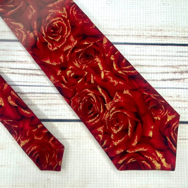 Rose tie, Red roses tie, Rose wedding nektie, gilded roses, gold edge rose, elegant floral, rose floral