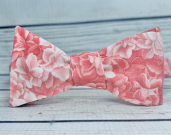 Carnation bowtie, coral pink bowtie, silver detail, flower petal accessory, pink floral bowtie, wedding bowtie, groomsmen bowtie