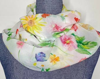 Wildflower scarf, flower garden scarf, watercolor flowers, chiffon infinity scarf, pastel floral scarf,