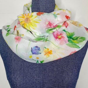 Wildflower scarf, flower garden scarf, watercolor flowers, chiffon infinity scarf, pastel floral scarf, image 1