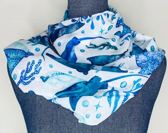 Watercolor Manta Ray Scarf, sting ray gift, infinity scarf, watercolor chiffon, ocean scarf, spotted eagle ray, sting ray scarf, white blue